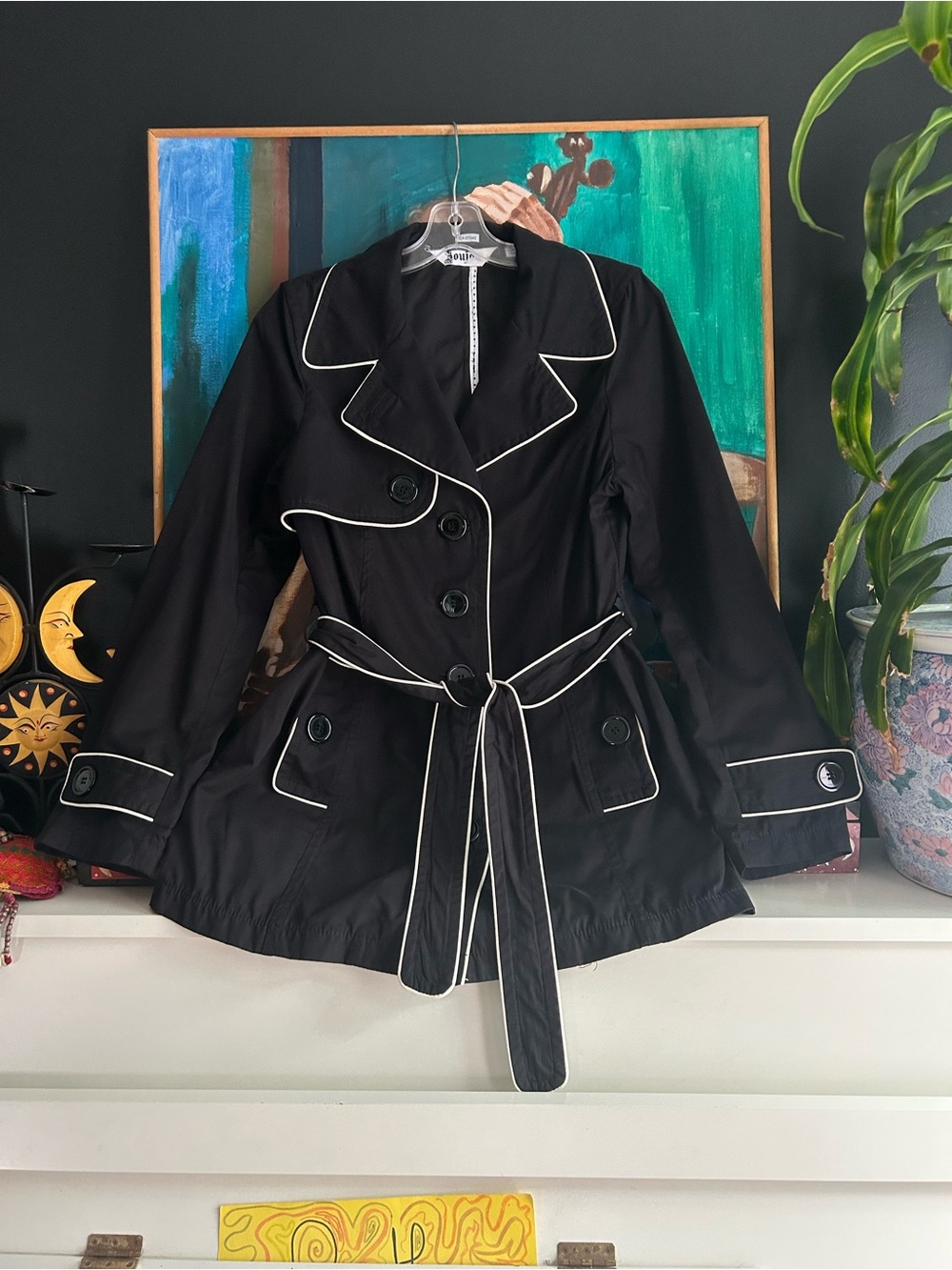 Large Black White Piped Belted Trench Coat Jacket Y2K Mod Preppy